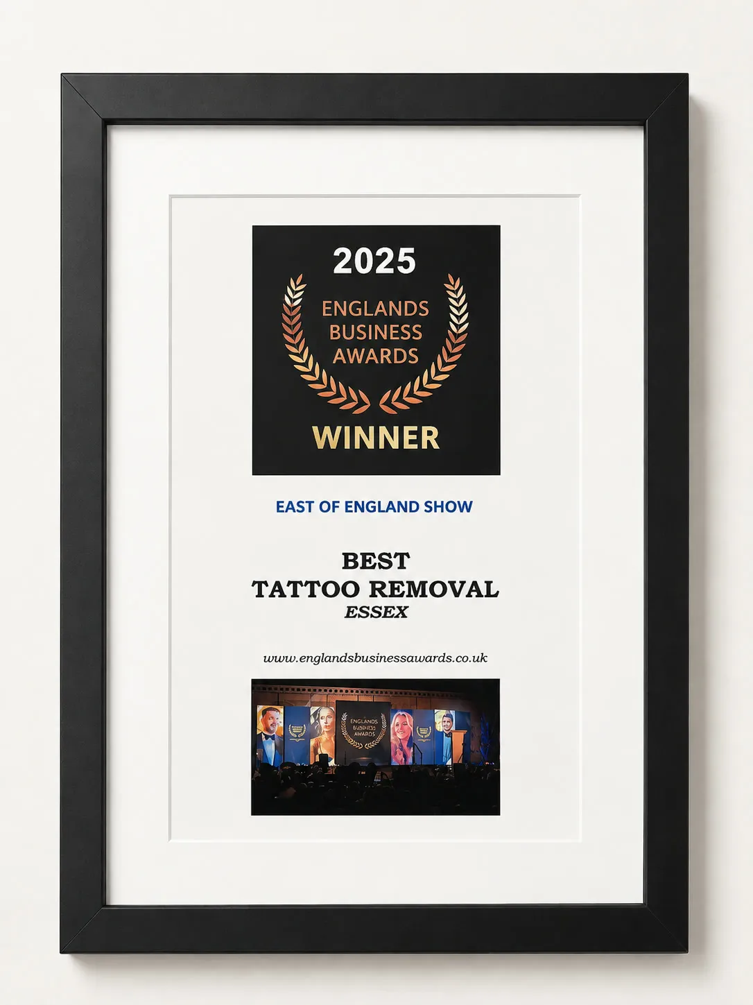 The England's Business Awards 2025 certificate awarded to Erase My Ink for Best Tattoo Removal in Essex